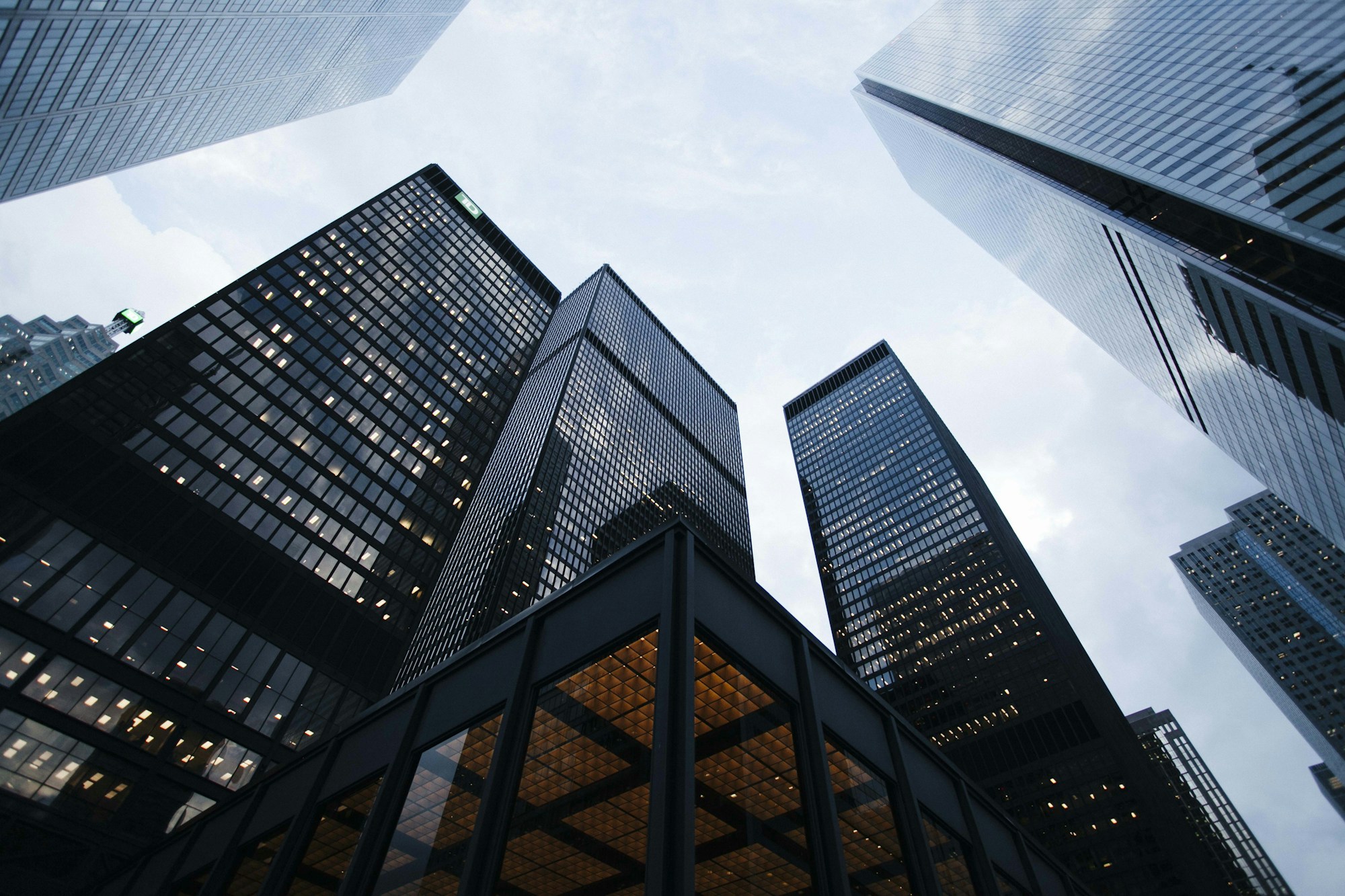 Looking up at contemporary glass architecture